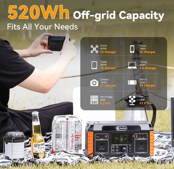 FlashFish P60 Portable Power Station - 560W 520Wh/140400mAh