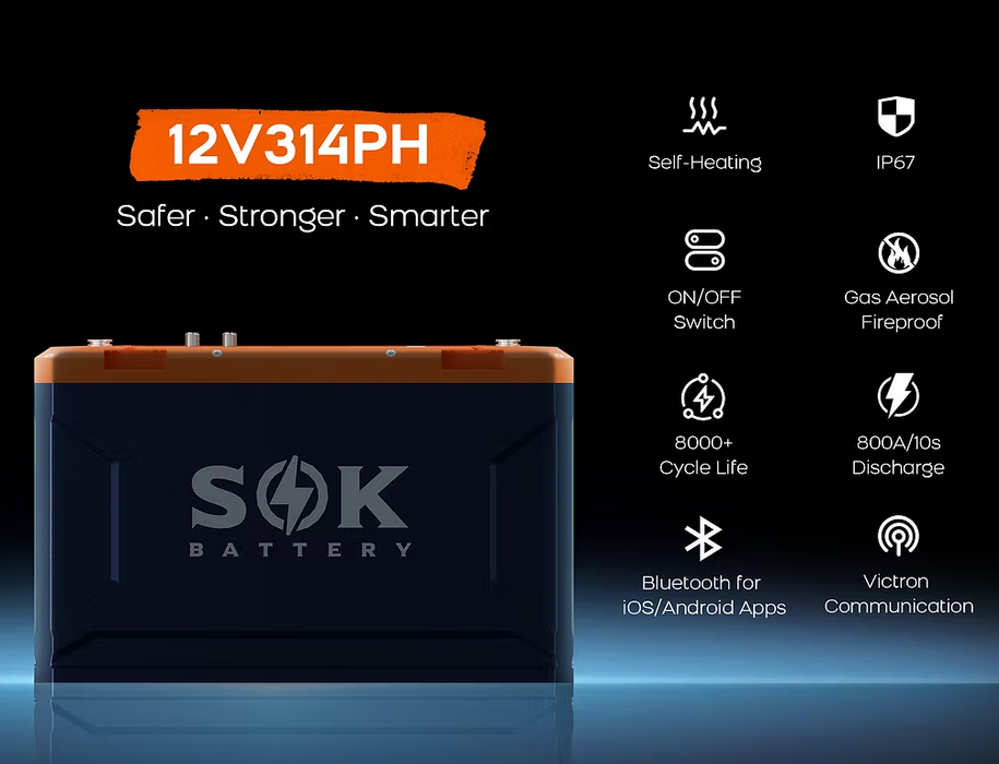 SOK Battery 12V314PH 12V 314Ah Lithium Battery | Built-In Heater, Bluetooth & Victron CAN