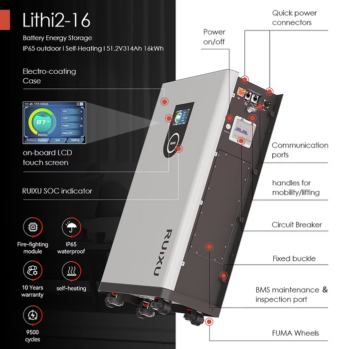 RUiXU Lithi2-16 16kWh LiFePO4 Battery | 51.2V 314Ah | UL1973, UL9540, CEC, SGIP