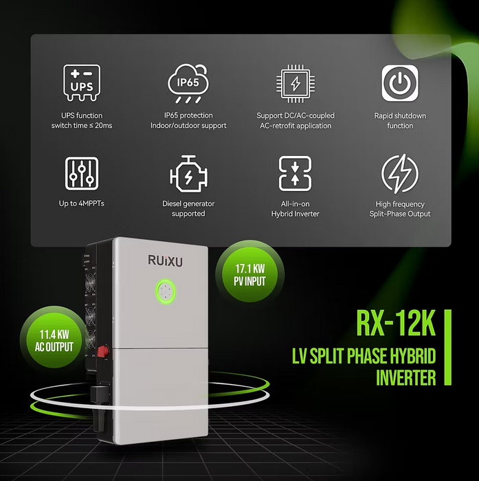 RUiXU RX-12K 17.1kW Split Phase Hybrid Inverter | UL1741 Certified PV Input