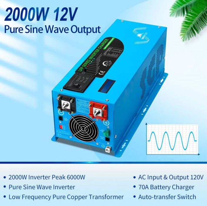 SunGoldPower Inverter Charger | 2000W Pure Sine Wave | 12V DC–120V AC