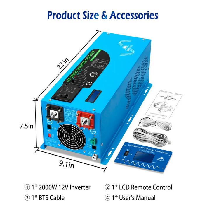 SunGoldPower Inverter Charger | 2000W Pure Sine Wave | 12V DC–120V AC
