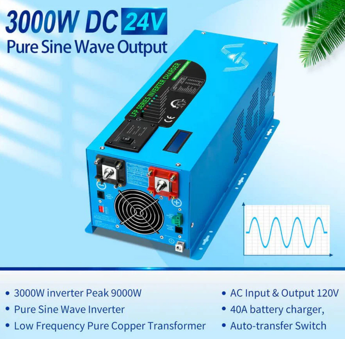 SunGoldPower Inverter Charger | 3000W Pure Sine Wave | 24V DC–120V AC