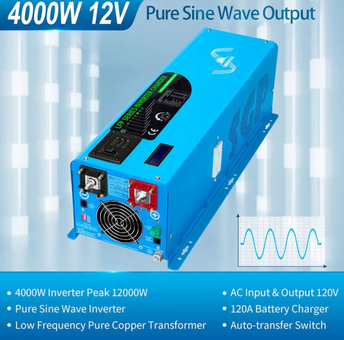 SunGoldPower Inverter Charger | 4000W Pure Sine Wave | 12V DC–120V AC