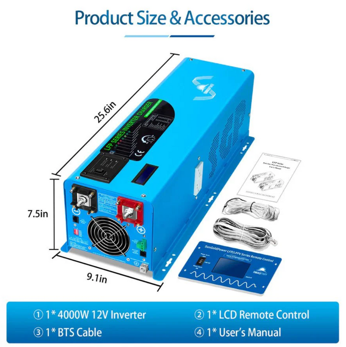 SunGoldPower Inverter Charger | 4000W Pure Sine Wave | 12V DC–120V AC