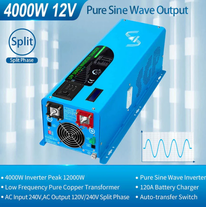 SunGoldPower Split-Phase Inverter Charger | 4000W Pure Sine Wave | 12V DC–120/240V AC
