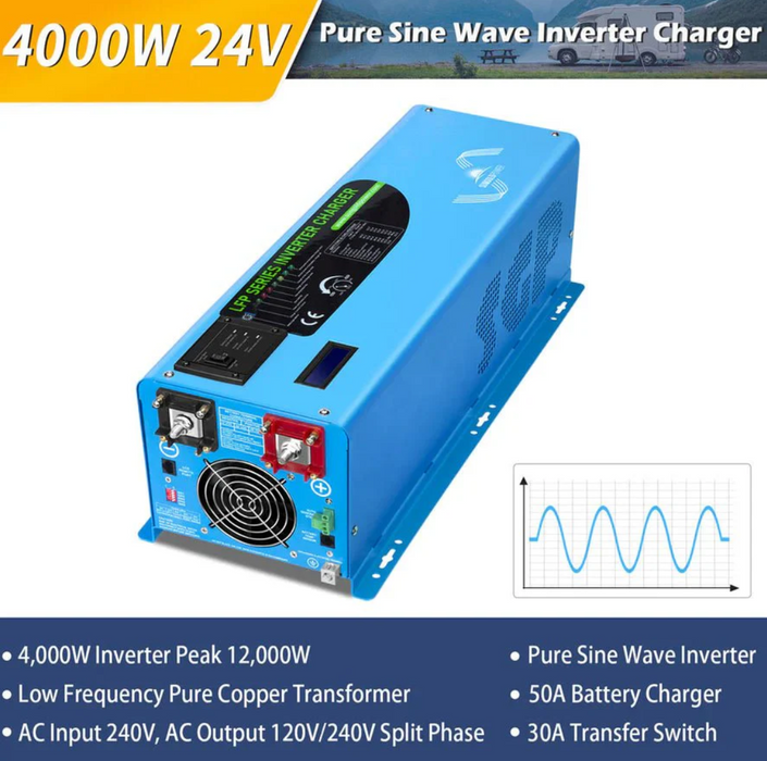 SunGoldPower Split-Phase Inverter Charger | 4000W Pure Sine Wave | 24V DC–120/240V AC