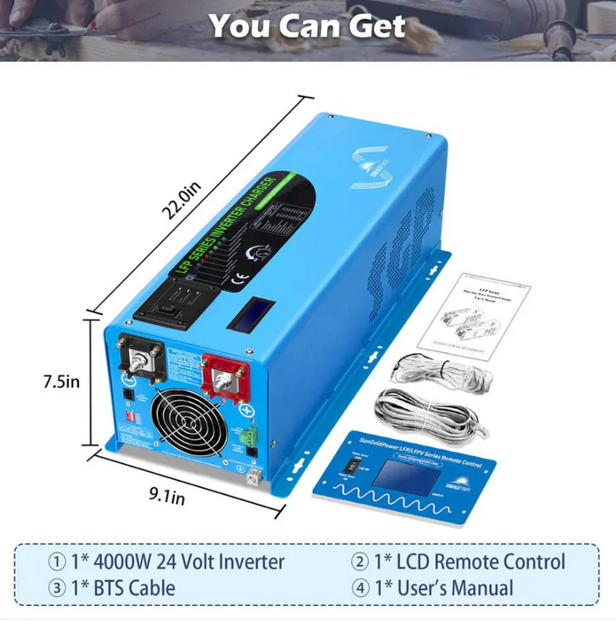 SunGoldPower Split-Phase Inverter Charger | 4000W Pure Sine Wave | 24V DC–120/240V AC