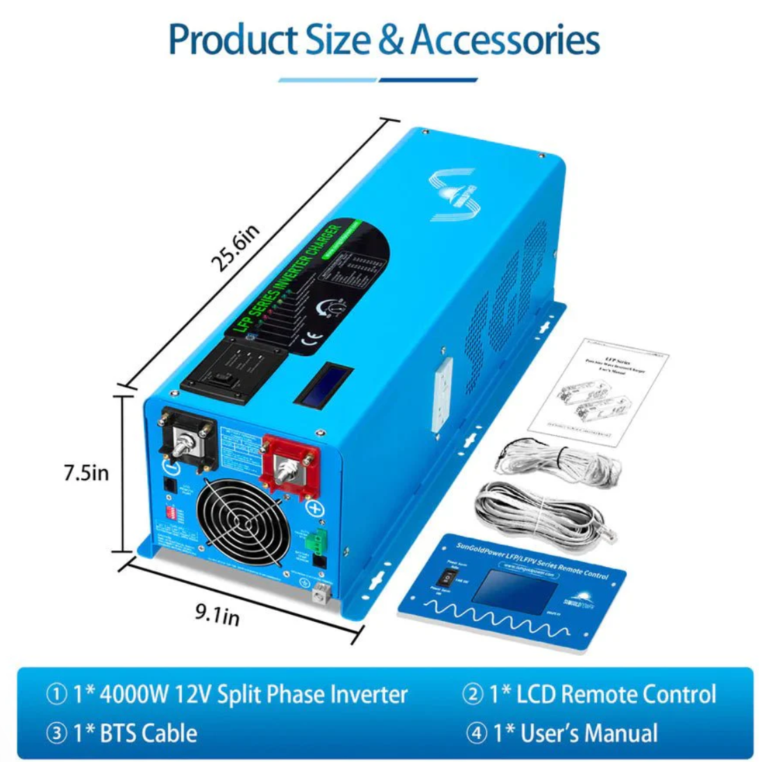 SunGoldPower 4000W DC 12V Split Phase Pure Sine Wave Inverter With Charger