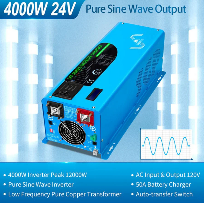 SunGoldPower Inverter Charger | 4000W Pure Sine Wave | 24V DC–120V AC