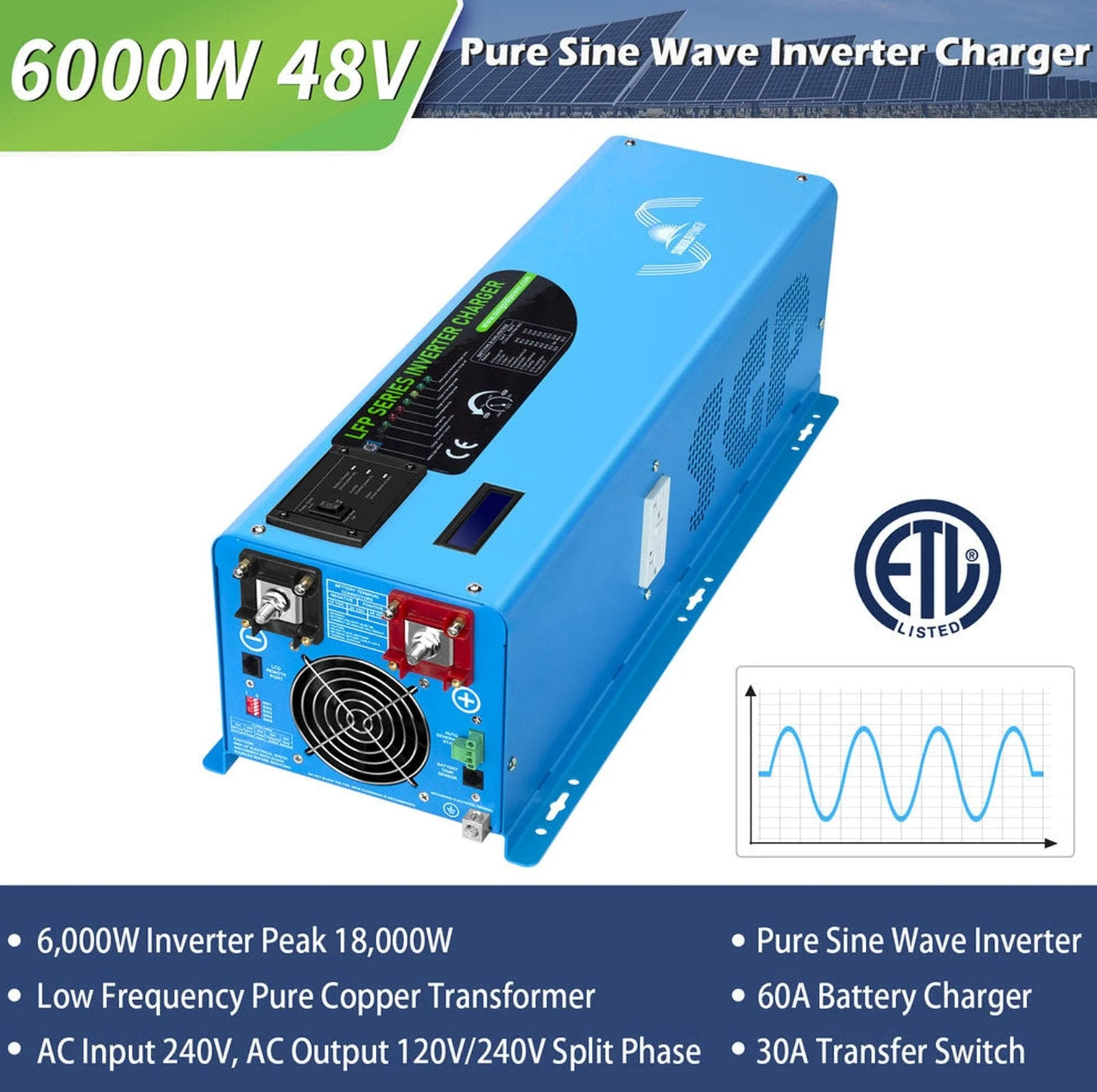 SunGoldPower 6000W DC 24V/48V Split Phase Pure Sine Wave Inverter With Charger