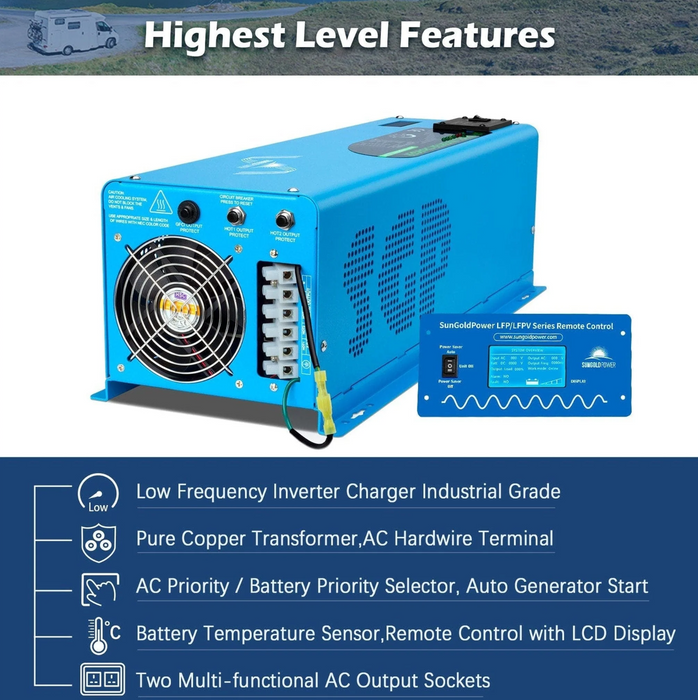 SunGoldPower Split-Phase Inverter Charger | 6000W Pure Sine Wave | 24V/48V DC–120/240V AC