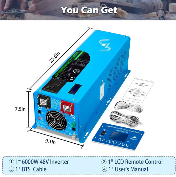 SunGoldPower Split-Phase Inverter Charger | 6000W Pure Sine Wave | 24V/48V DC–120/240V AC