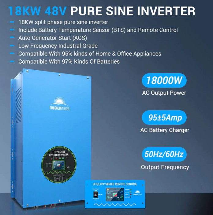 SunGoldPower Split-Phase Inverter Charger | 18000W Pure Sine Wave | 48V DC–120/240V AC