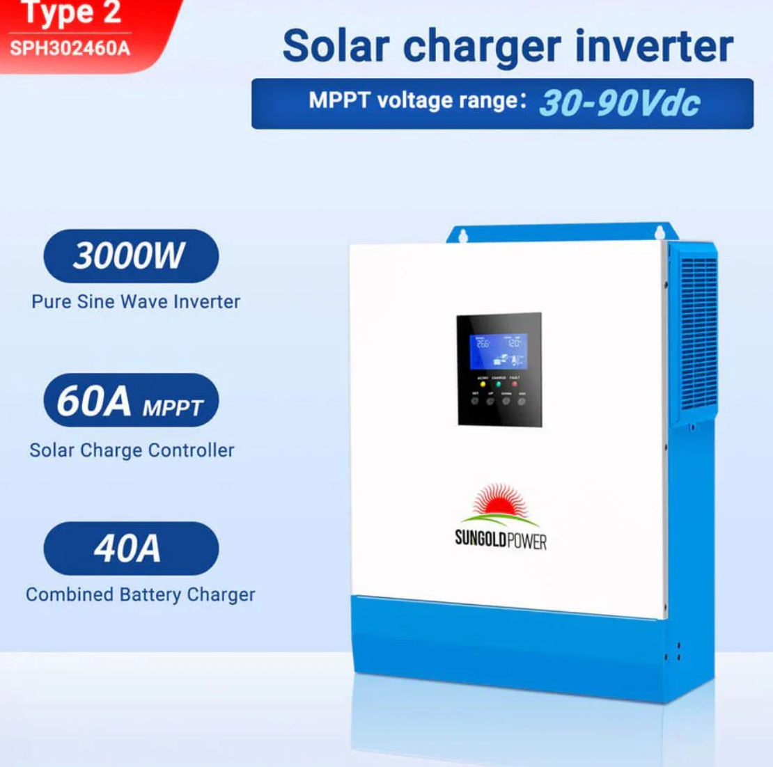 SunGoldPower 3000W 24V Solar Inverter Charger AC input 120V/AC output 120V [PV30-108V / MPPT30-90V]
