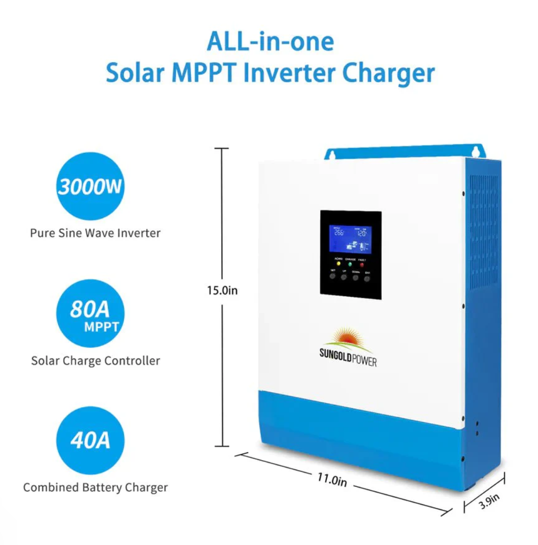 SunGoldPower 3000W 24V Solar Inverter Charger AC input 120V/AC output 120V [PV120-450V / MPPT120-400V]