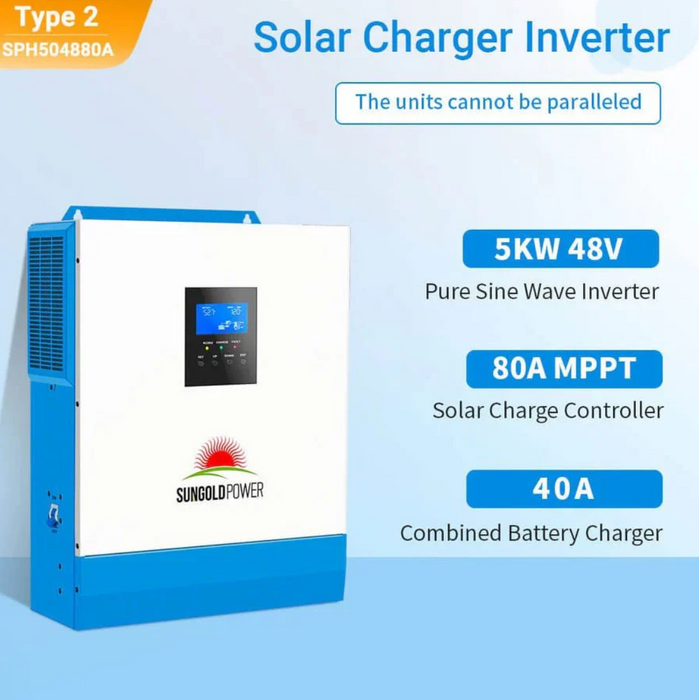 SunGoldPower Solar Inverter Charger | 5000W 48V DC–120V AC | 80A MPPT