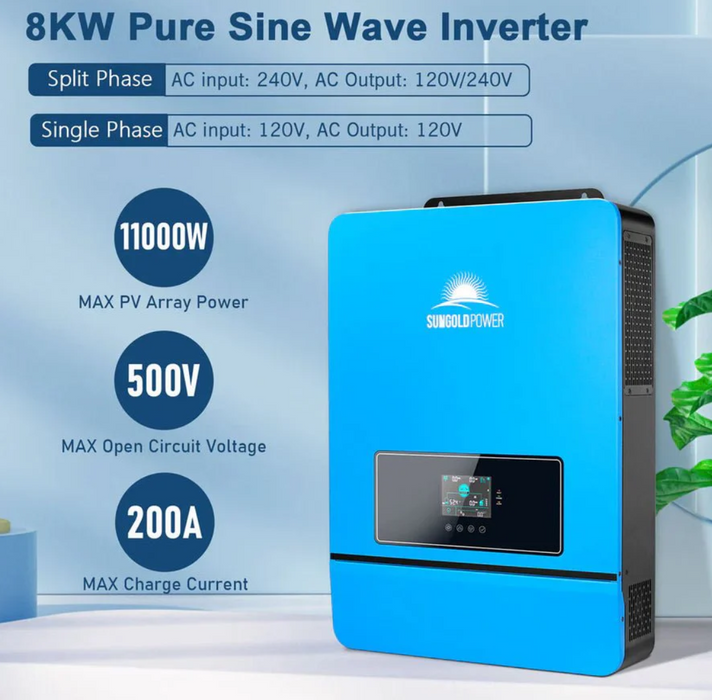SunGoldPower Solar Inverter Charger | 8000W 48V DC–120/240V AC | Split-Phase