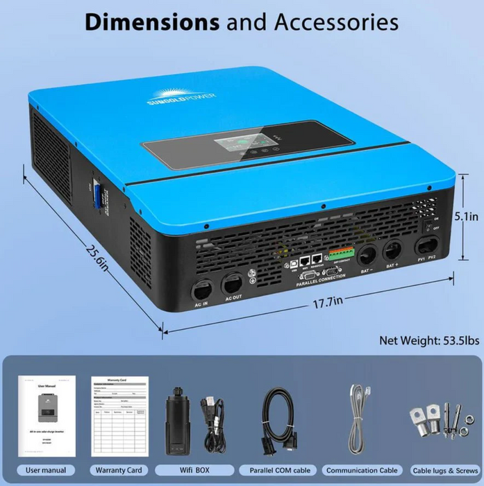 SunGoldPower Solar Inverter Charger | 8000W 48V DC–120/240V AC | Split-Phase