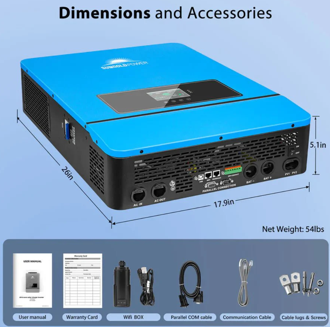 SunGoldPower Solar Inverter Charger | 10000W 48V DC–120/240V AC | Split-Phase