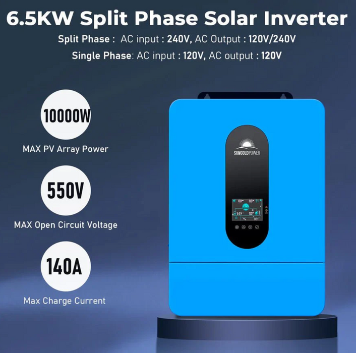SunGoldPower Solar Inverter Charger | 6500W 48V DC–120/240V AC | Split-Phase