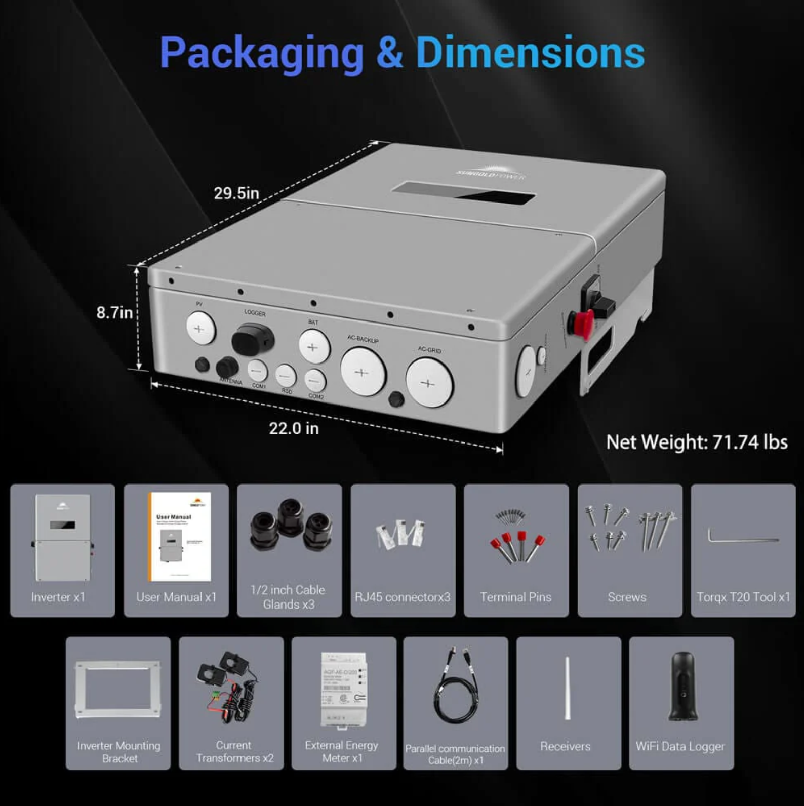 SunGoldPower High Voltage 11.4KW Hybrid Split Phase Inverter with APS Transmitter SG11.4KHB-HV