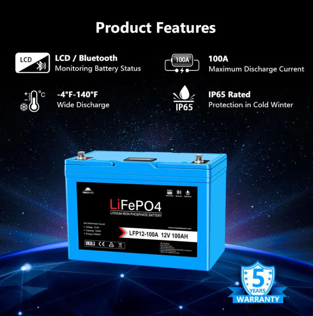 SunGoldPower 12V 100AH LiFePO4 Deep Cycle Lithium Battery / Bluetooth /Self-heating / IP65