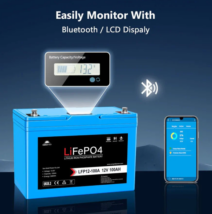 SunGoldPower Lithium Battery | 12V 100Ah LiFePO4 | Bluetooth | IP65