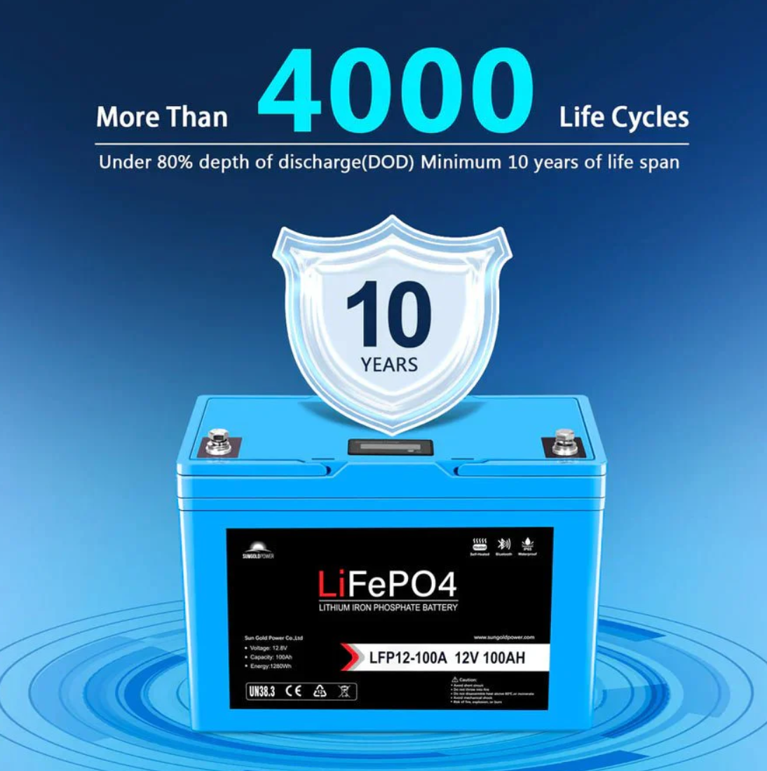 SunGoldPower 12V 100AH LiFePO4 Deep Cycle Lithium Battery / Bluetooth /Self-heating / IP65
