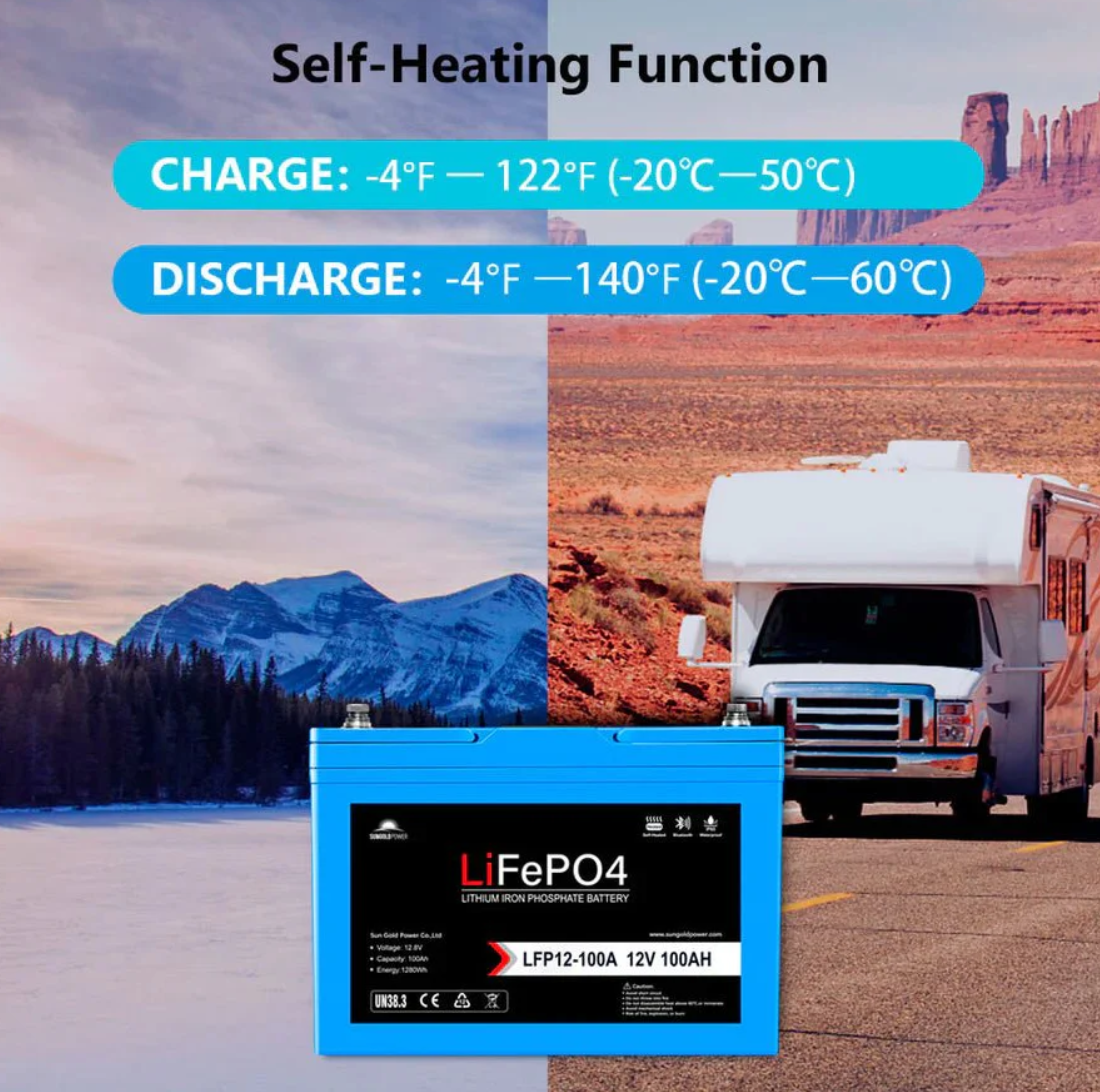 SunGoldPower 12V 100AH LiFePO4 Deep Cycle Lithium Battery / Bluetooth /Self-heating / IP65