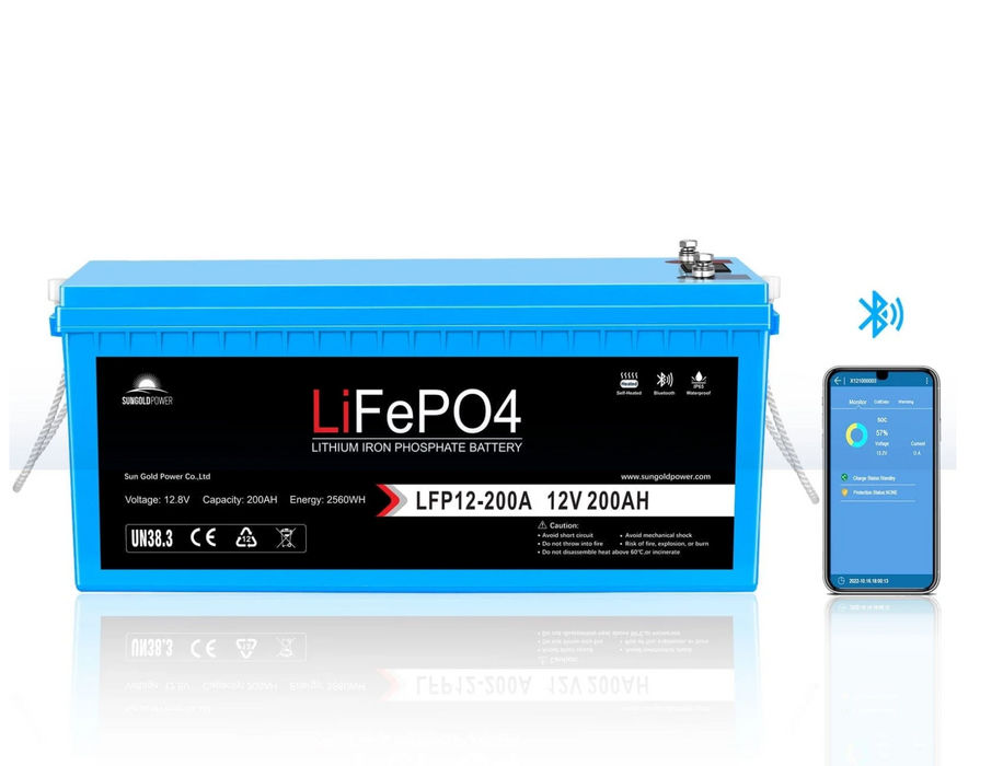 SunGoldPower Lithium Battery | 12V 200Ah LiFePO4 | Bluetooth | IP65