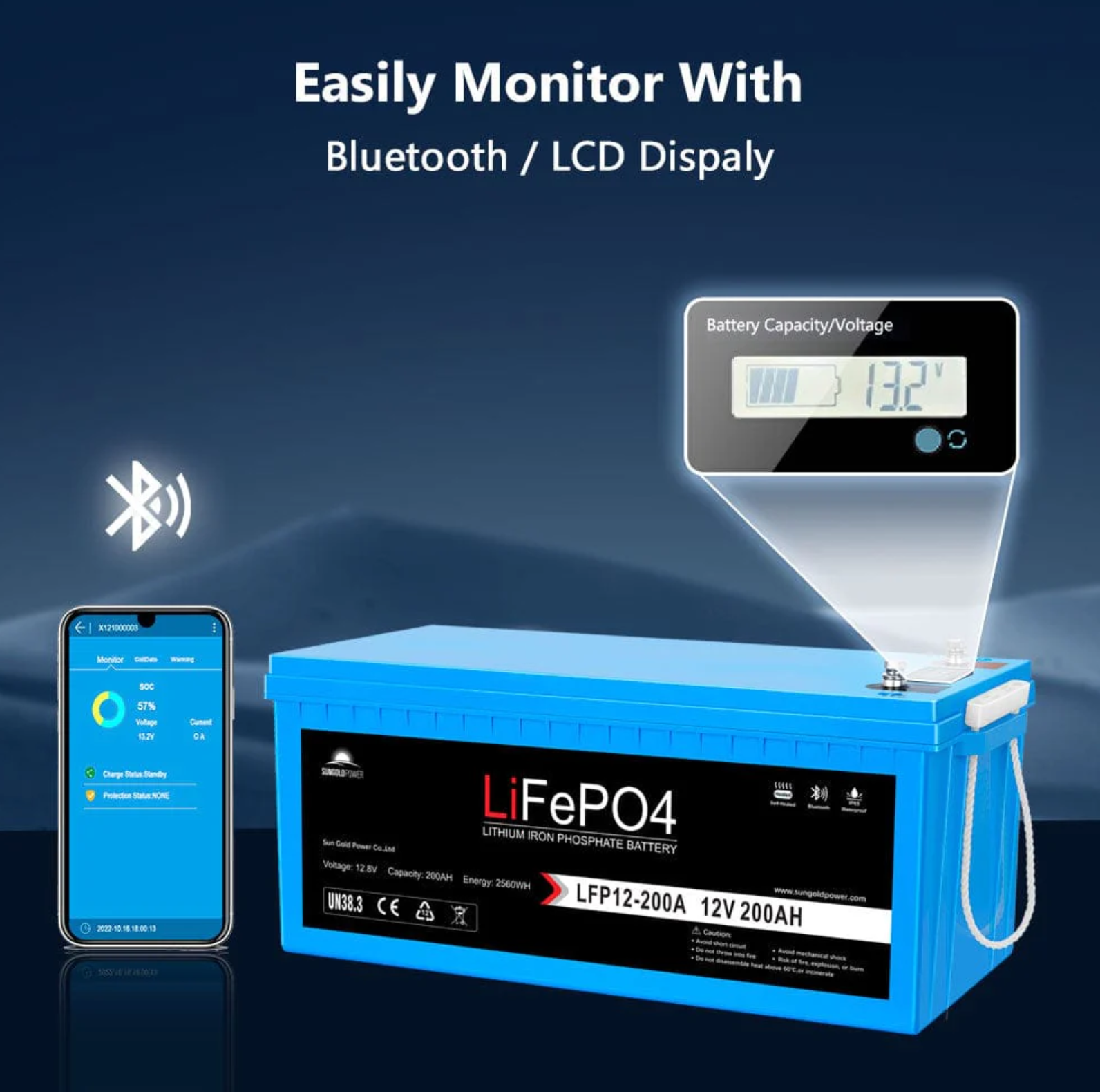 SunGoldPower 12V 200Ah LiFePo4 Deep Cycle Lithium Battery Bluetooth / Self-Heating / IP65