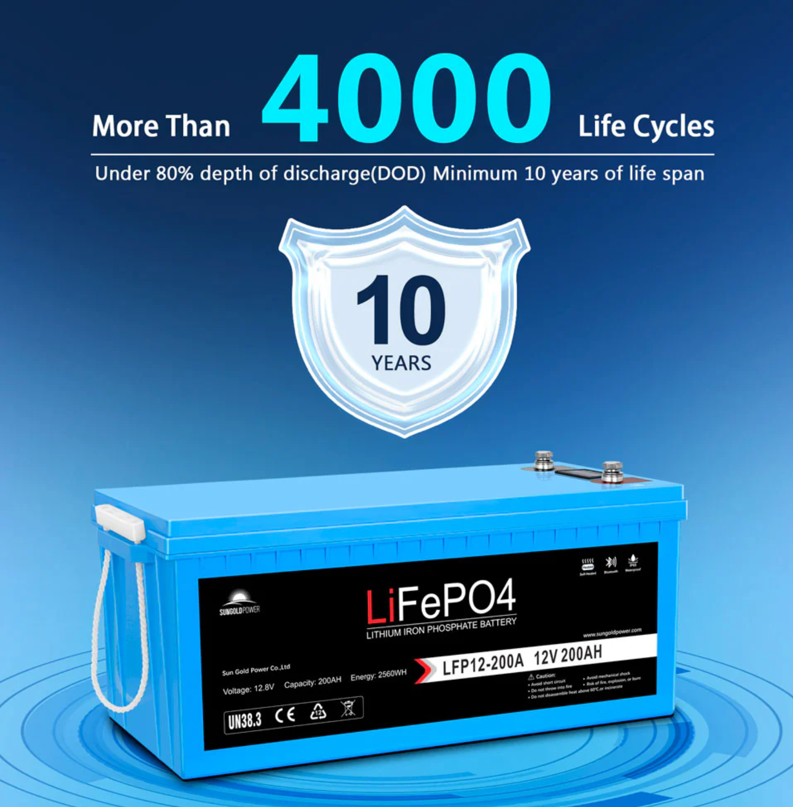 SunGoldPower 12V 200Ah LiFePo4 Deep Cycle Lithium Battery Bluetooth / Self-Heating / IP65