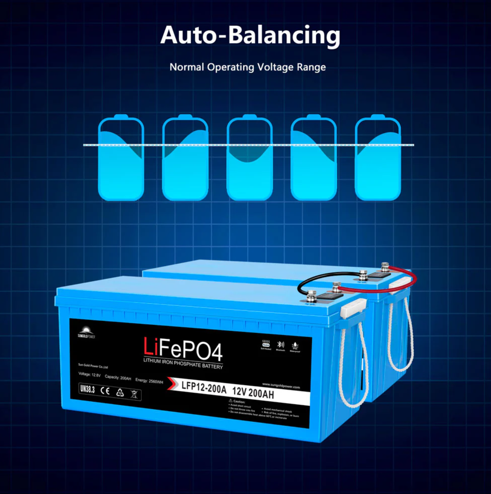SunGoldPower 12V 200Ah LiFePo4 Deep Cycle Lithium Battery Bluetooth / Self-Heating / IP65
