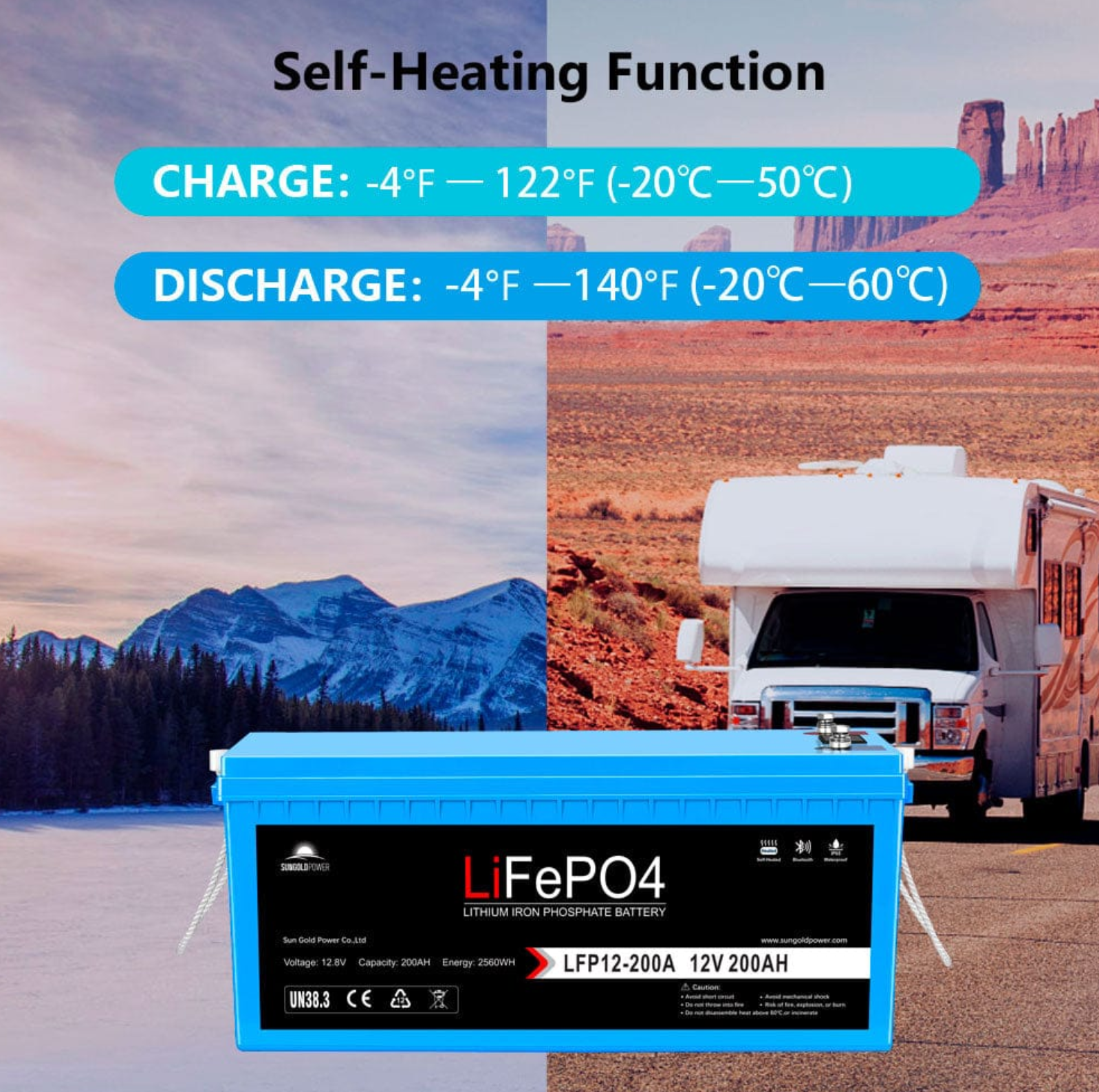 SunGoldPower 12V 200Ah LiFePo4 Deep Cycle Lithium Battery Bluetooth / Self-Heating / IP65