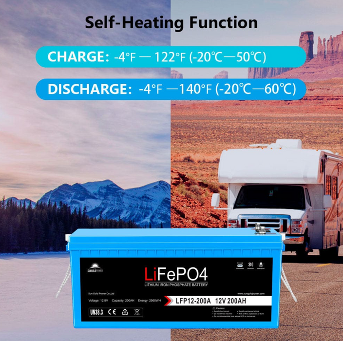 SunGoldPower Lithium Battery | 12V 200Ah LiFePO4 | Bluetooth | IP65