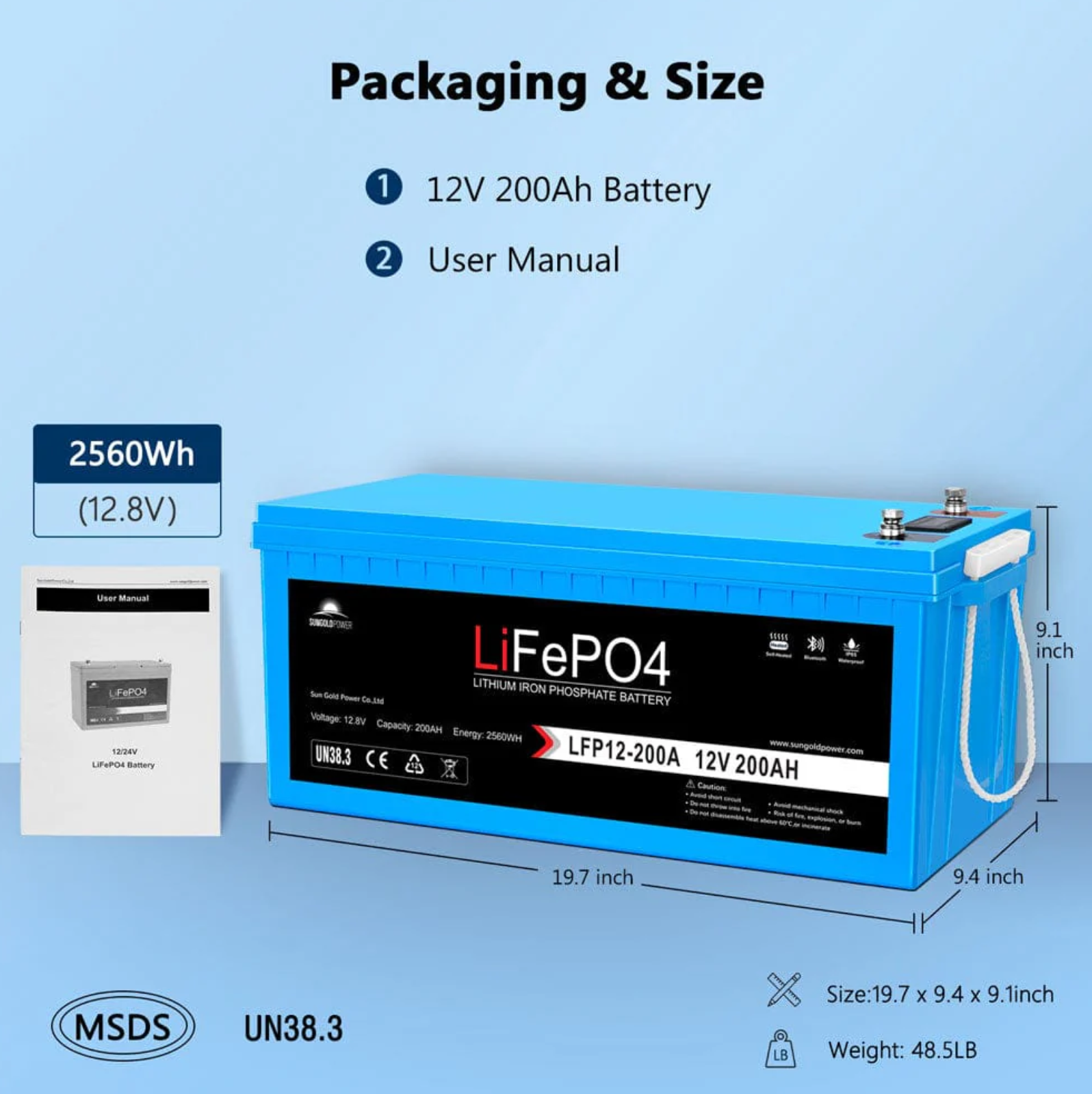 SunGoldPower 12V 200Ah LiFePo4 Deep Cycle Lithium Battery Bluetooth / Self-Heating / IP65