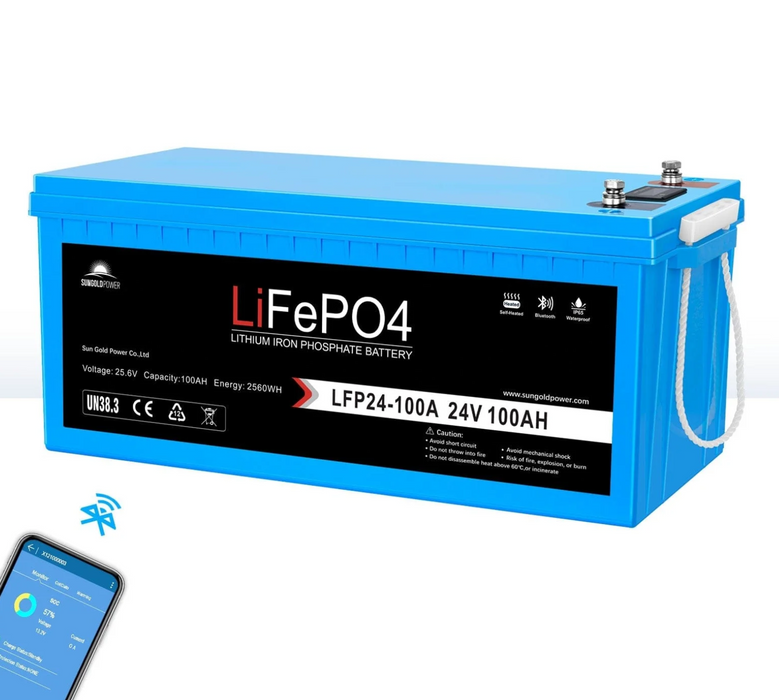SunGoldPower Lithium Battery | 24V 100Ah LiFePO4 | Bluetooth | IP65