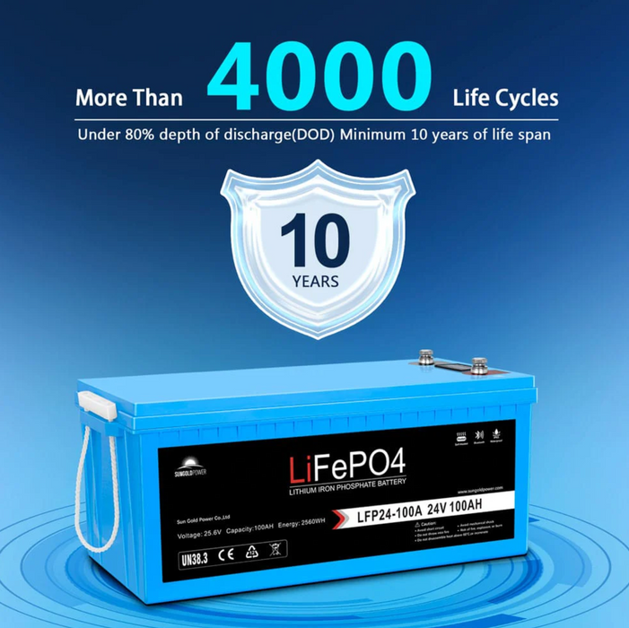 SunGoldPower Lithium Battery | 24V 100Ah LiFePO4 | Bluetooth | IP65