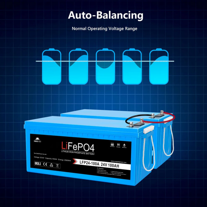 SunGoldPower Lithium Battery | 24V 100Ah LiFePO4 | Bluetooth | IP65
