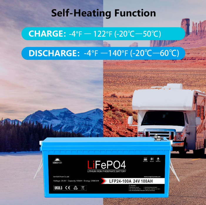 SunGoldPower Lithium Battery | 24V 100Ah LiFePO4 | Bluetooth | IP65