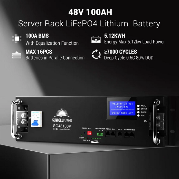 SunGoldPower Server Rack LiFePO4 Lithium Battery | 48V 100Ah | 5.12kWh