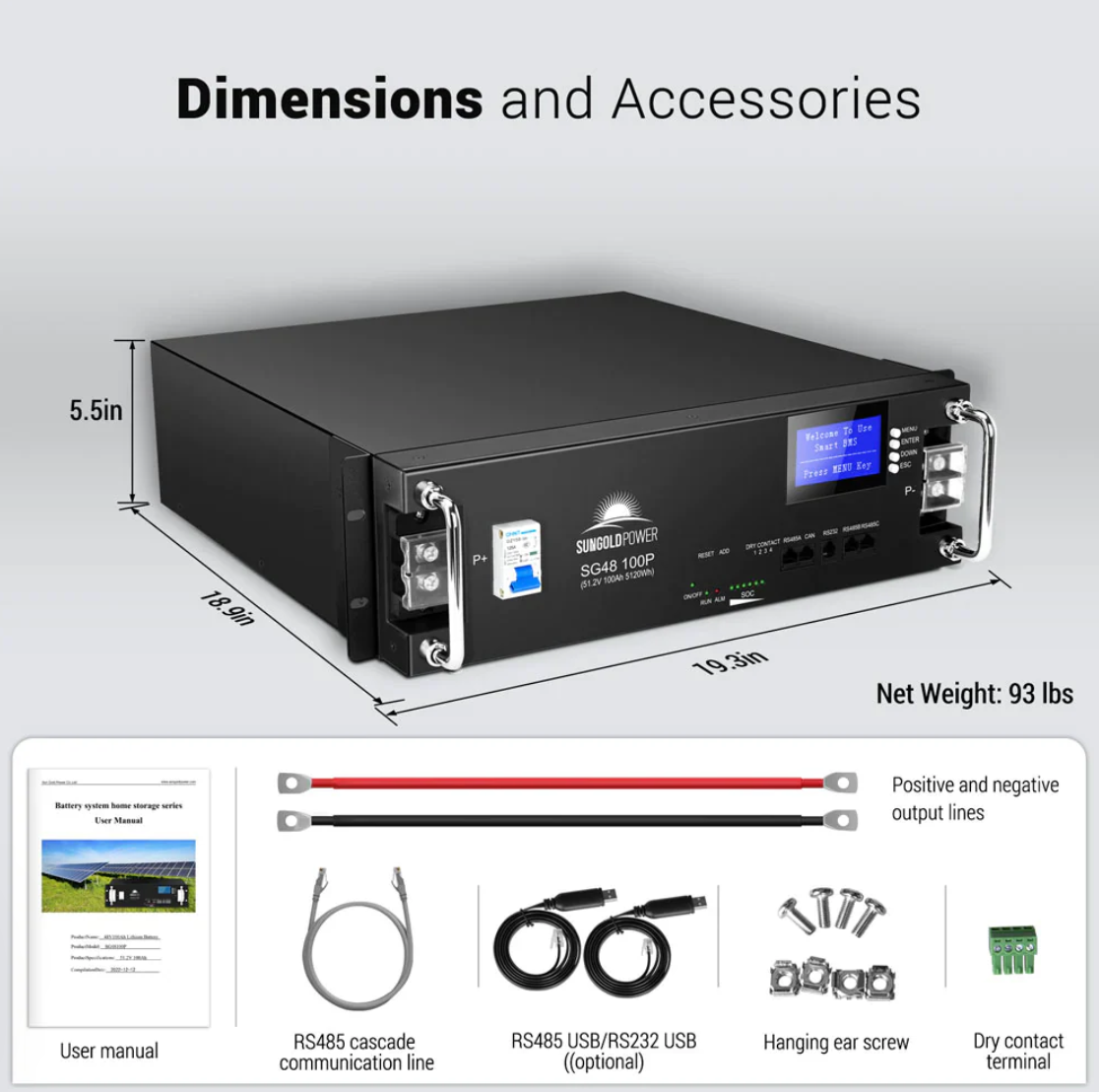SunGoldPower 48V 100AH Server Rack LiFePO4 Lithium Battery SG48100P