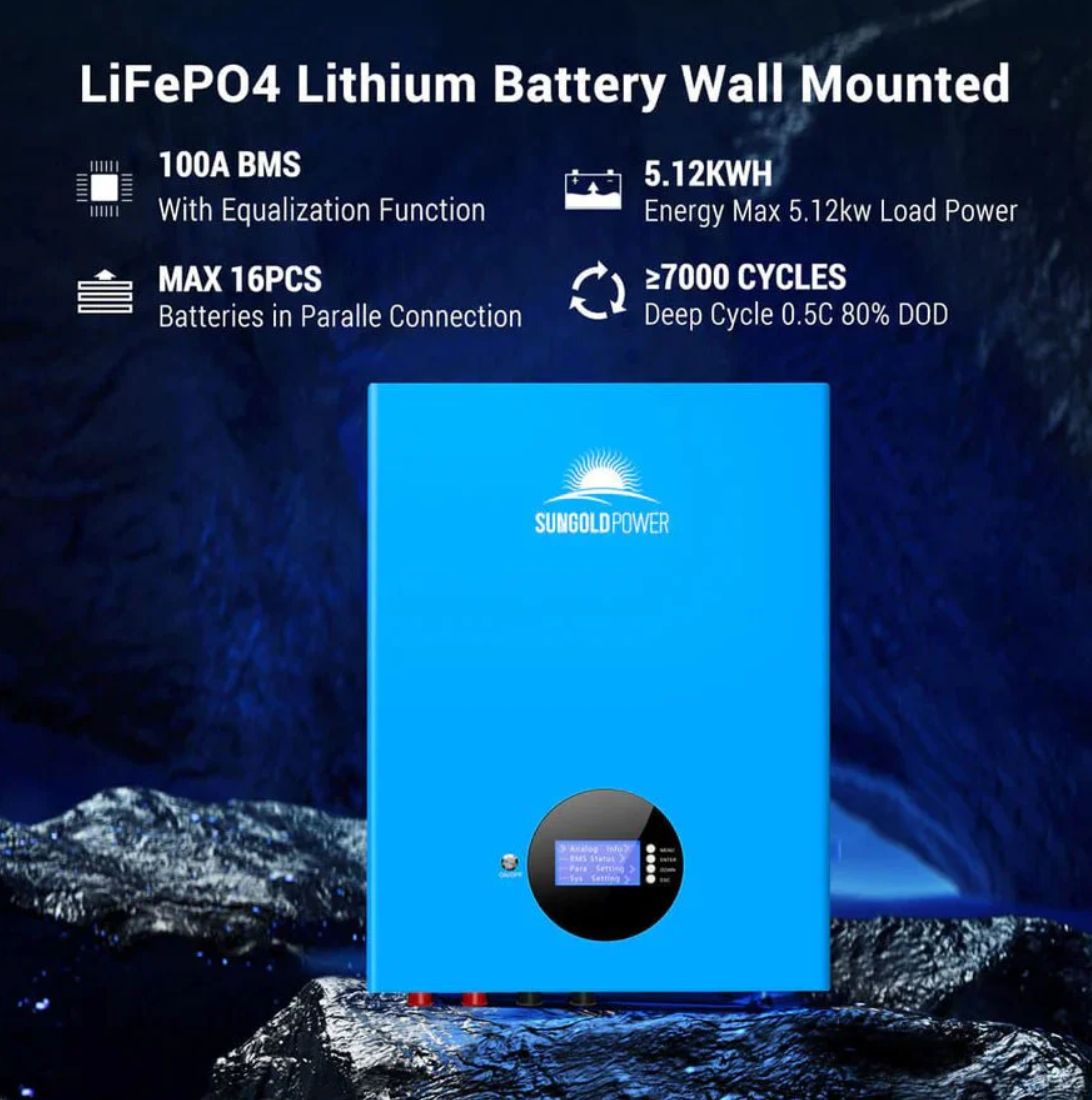 SunGoldPower 5.12KWH Powerwall LiFePO4 Lithium Battery SG48100M