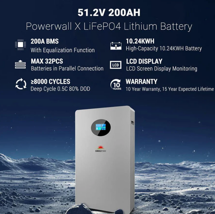 SunGoldPower Powerwall LiFePO4 Lithium Battery | 51.2V 200Ah