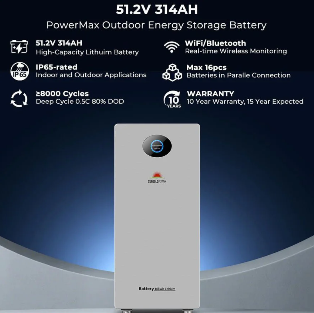 SunGoldPower PowerMax 51.2V 314AH Outdoor Energy Storage Battery UL1973 & UL9540A