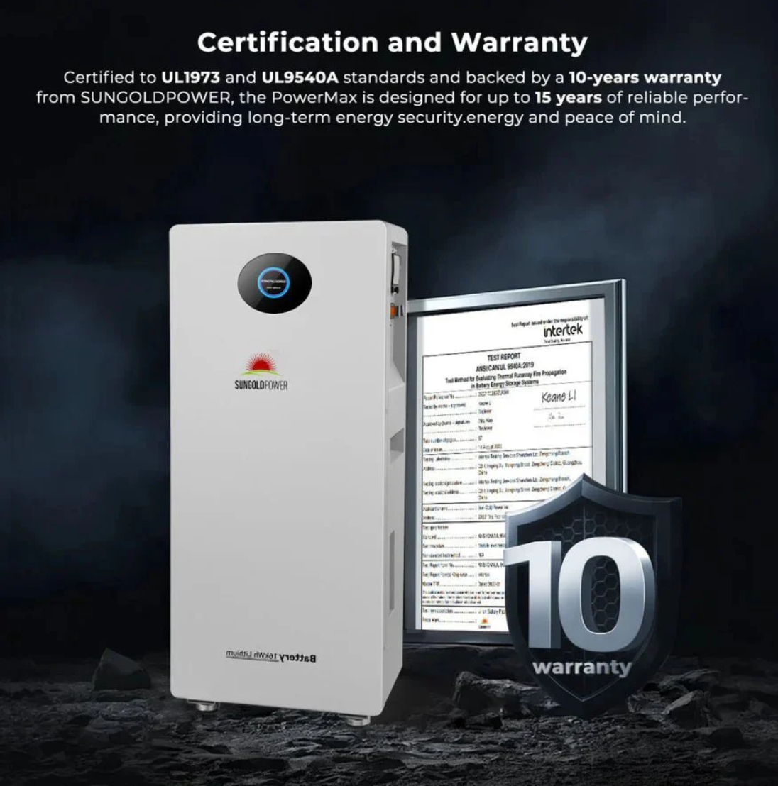 SunGoldPower PowerMax 51.2V 314AH Outdoor Energy Storage Battery UL1973 & UL9540A