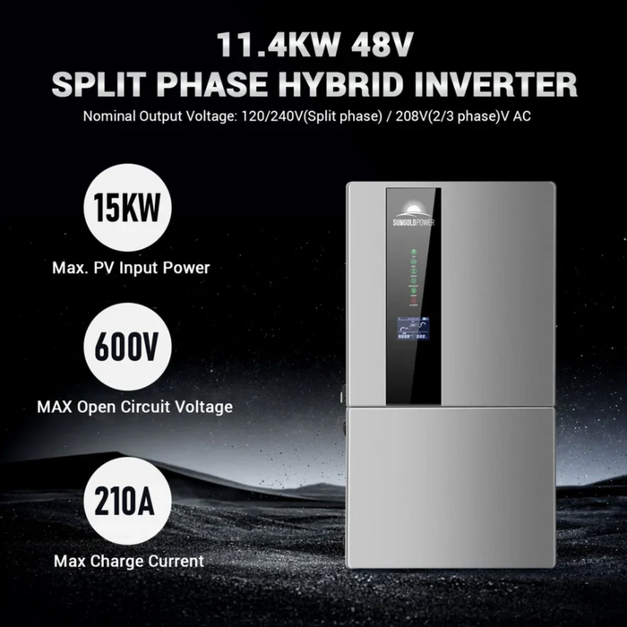 SunGoldPower Hybrid Solar Kit | 11.4kW 48V Split-Phase | 20.48kWh Battery | 450W Panels (16-Pack)