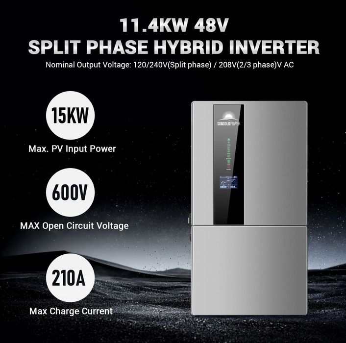 SunGoldPower Hybrid Solar Kit | 11.4kW 48V Split-Phase | 20.48kWh Battery