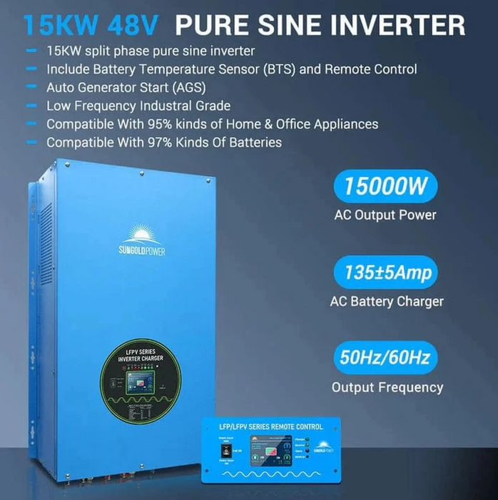 SunGoldPower Off-Grid Solar Kit | 15kW 48V Split-Phase 120/240V | 30.72kWh LiFePO₄ Battery | 415W Panels (20-Pack)